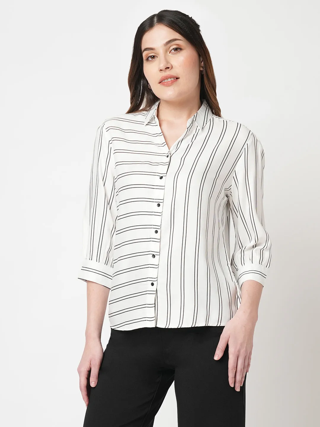 Women Striped Slim Fit Black/White Shirt